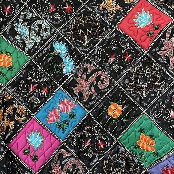 Judith Ann Vtg silk Patchwork Embroidered jacket Quilted sequin Embellished Sz L - Picture 10 of 15